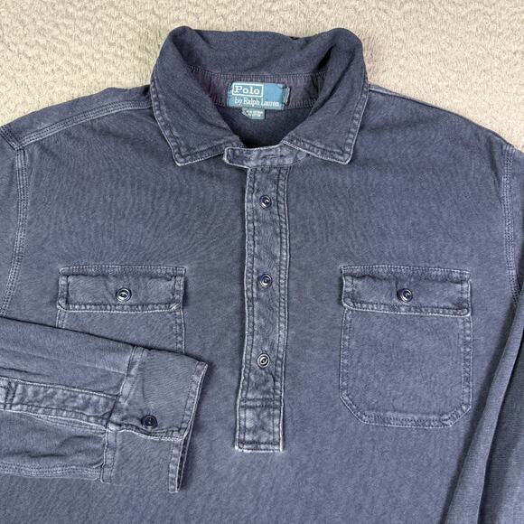 Polo Ralph Lauren Shirt Mens L Indigo Blue Popover Button Work Chinstrap Pockets - Picture 1 of 9
